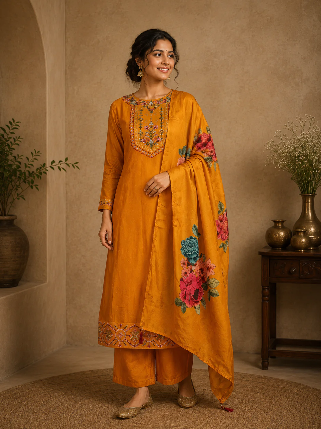 Orange Floral Designed Chiffon Salwar Suit